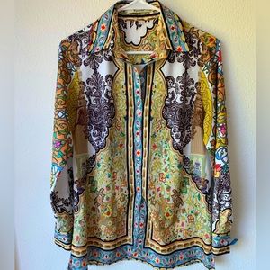 Vipavadee Multi Color Shirt Womens Size S Button Front Bohemian Artsy Cotton